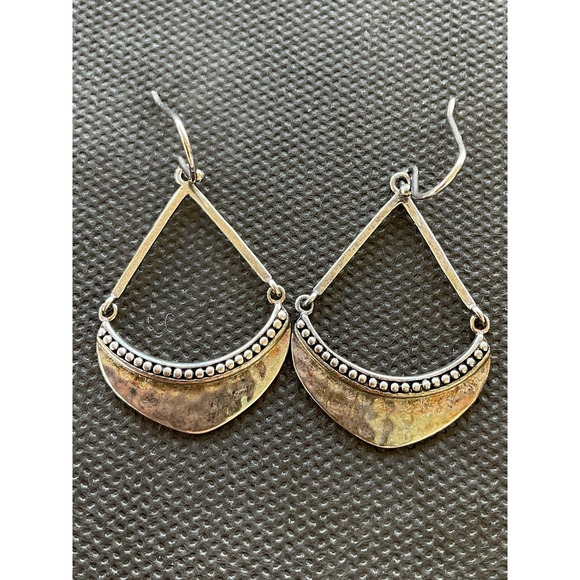 925 Sterling Silver Hammered Crescent Hoop Dangle Drop Earrings Vintage - Picture 5 of 5